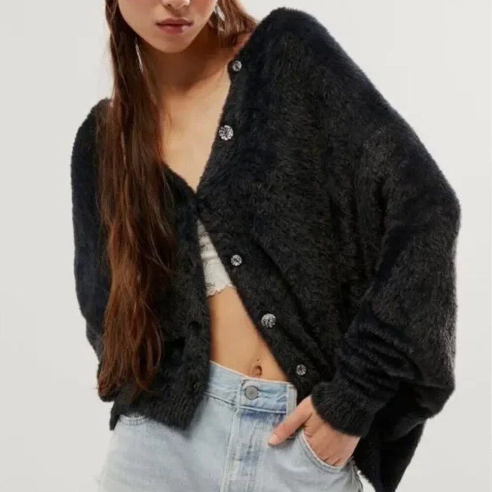 NWT Free People FP ONE Sela Cardi Cardigan Sweater Faux fur Black size S & M